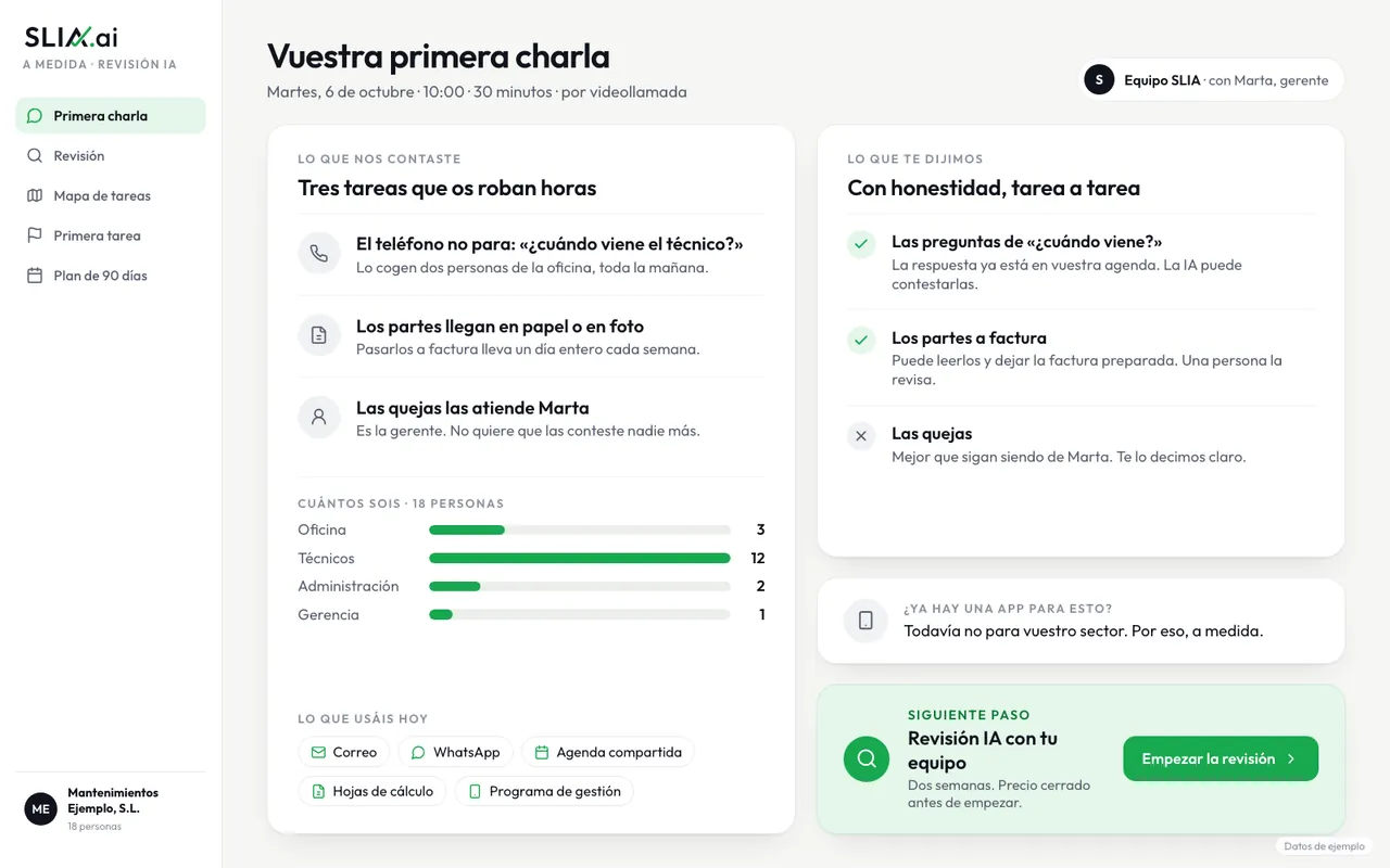 Resumen de la primera charla con una empresa de ejemplo: las tres tareas que más tiempo quitan, lo que puede hacer la IA en cada una y el siguiente paso, la Revisión IA.
