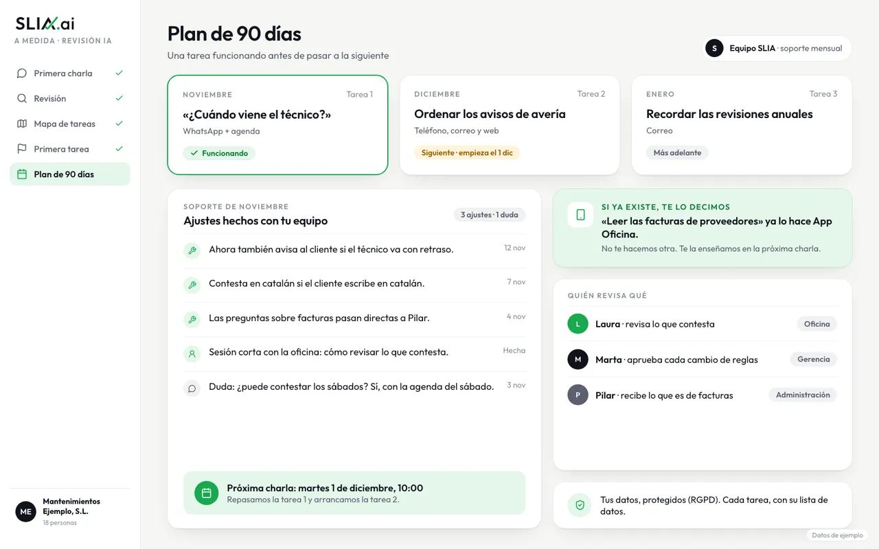 Plan de 90 días de una empresa de ejemplo: la primera tarea funcionando, la segunda a punto de empezar y la tercera más adelante, con los ajustes del mes.