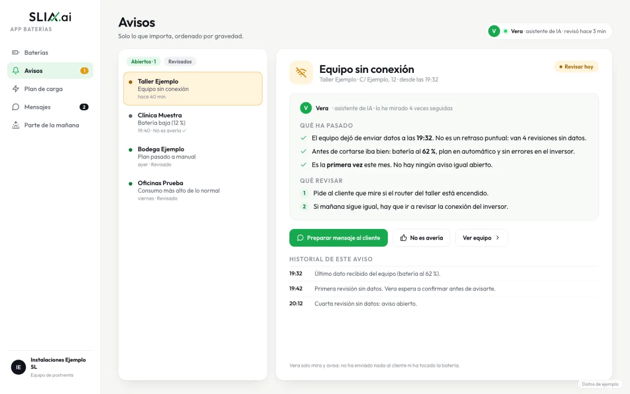 Aviso de Vera: «Taller Ejemplo, equipo sin conexión desde hace 40 min», con qué ha pasado, qué revisar y el botón «No es avería».