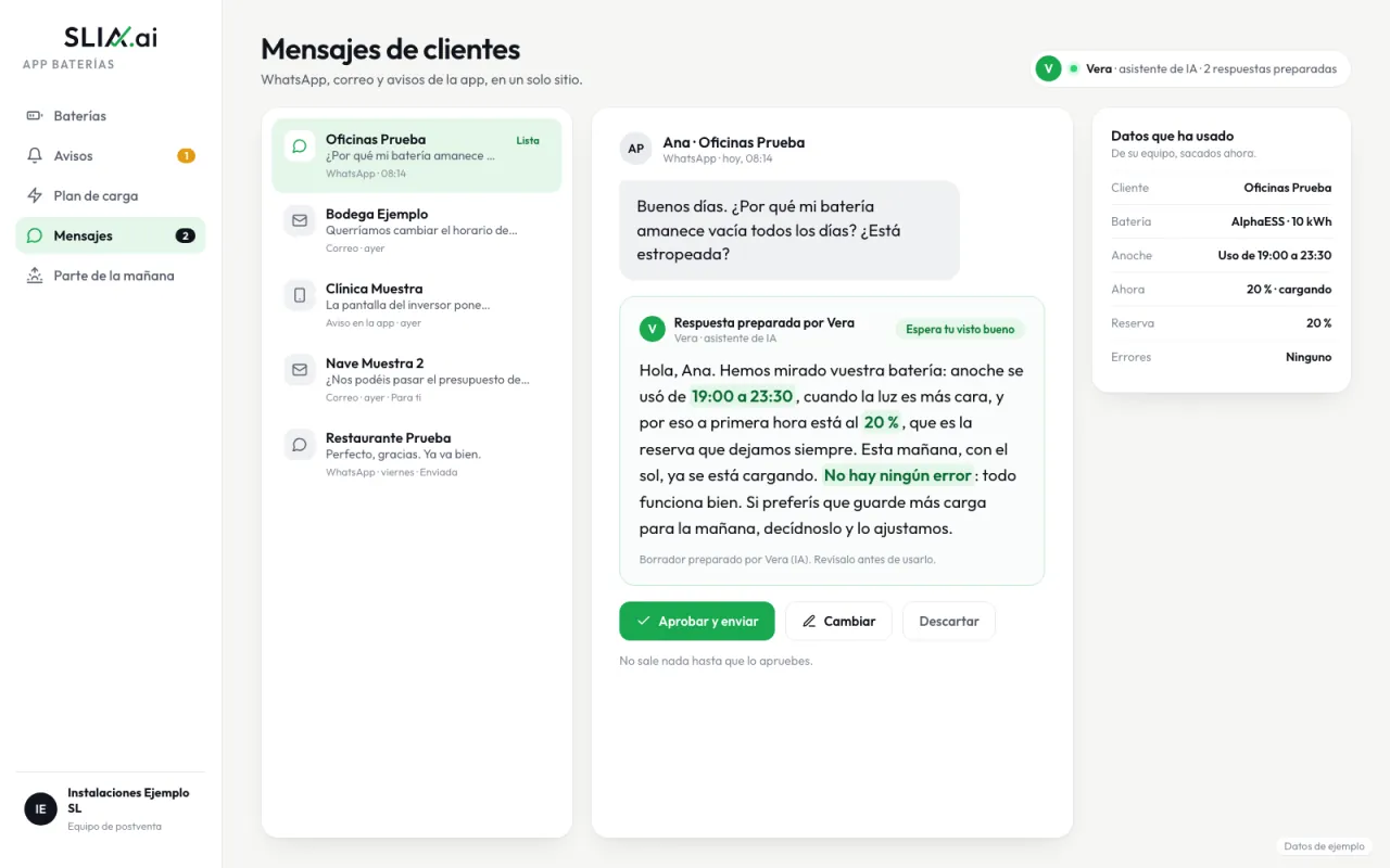 Mensaje de un cliente, «¿Por qué mi batería amanece vacía?», y la respuesta preparada por Vera con los datos de su equipo, lista para aprobar.