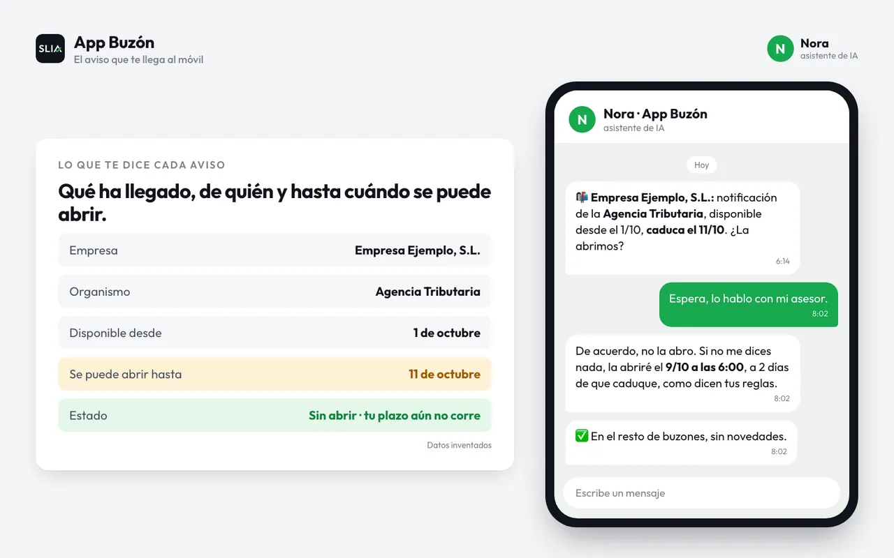 Chat de ejemplo: Nora avisa de una notificación de la Agencia Tributaria para Empresa Ejemplo, S.L., que caduca el 11 de octubre, y pregunta si se abre.
