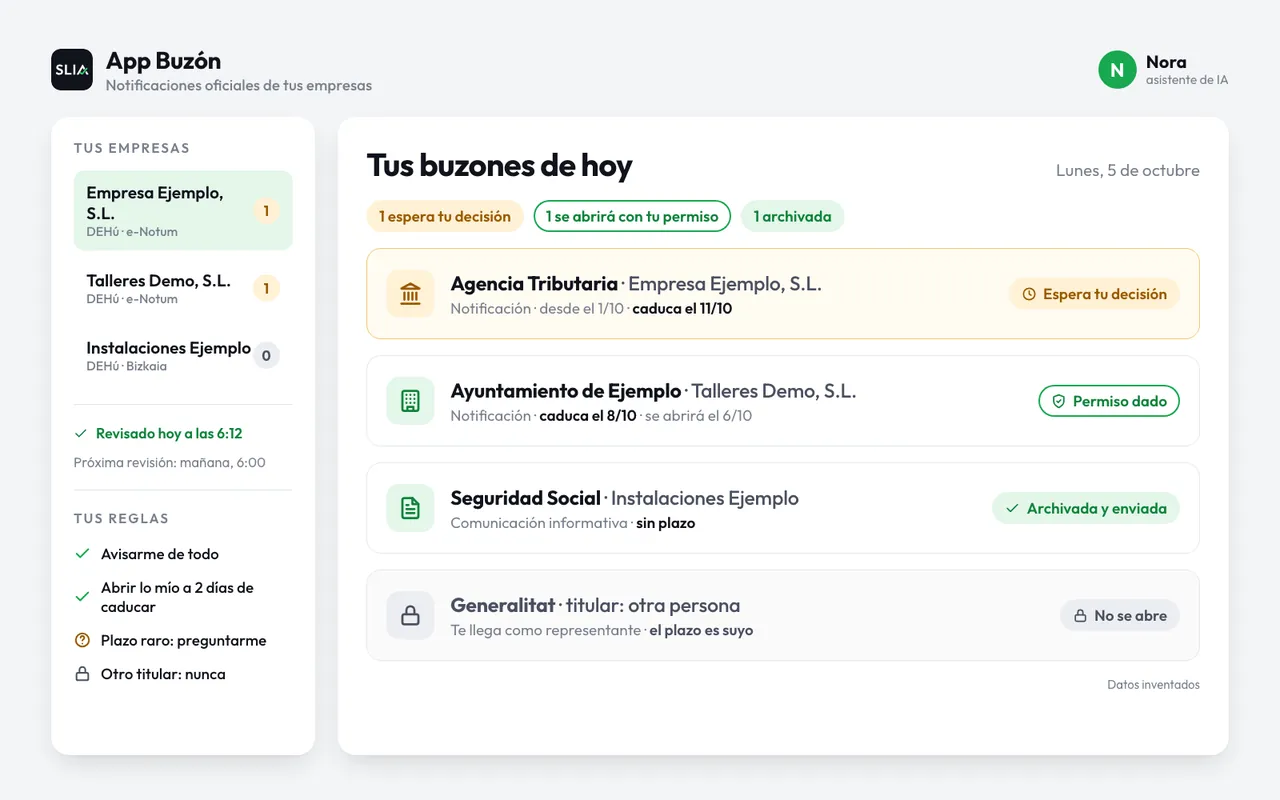 Pantalla de ejemplo de App Buzón, con Nora.