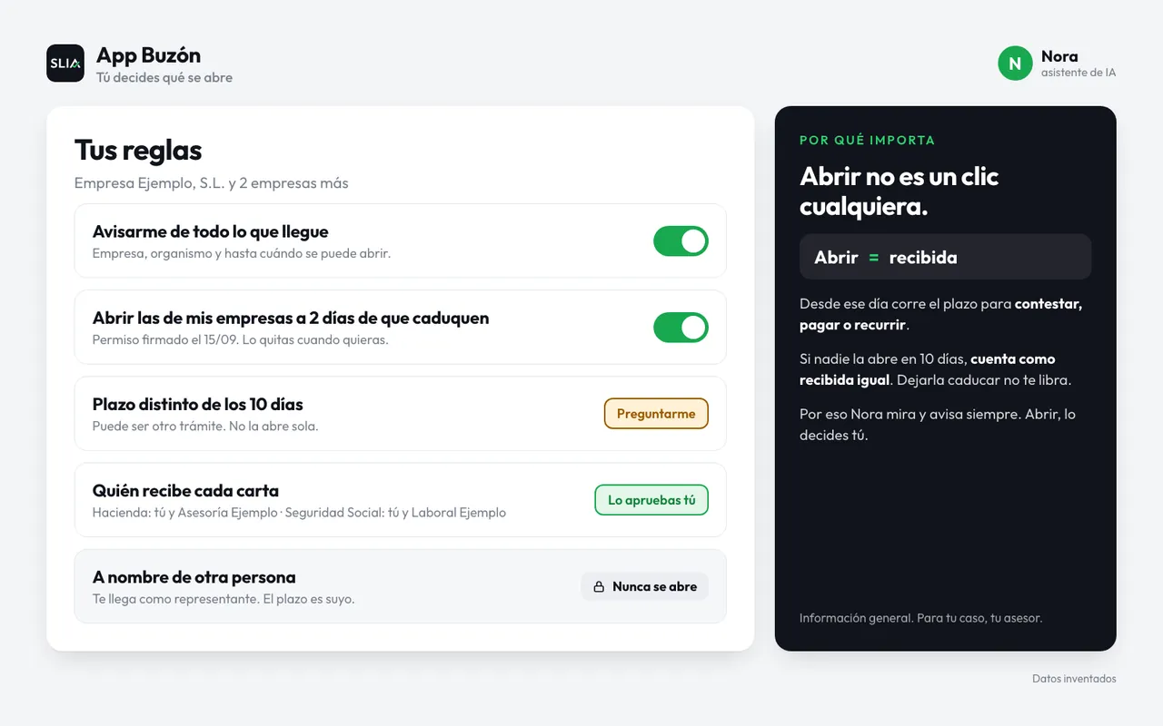 Panel «Tus reglas»: avisar de todo, abrir las de mis empresas a 2 días de caducar, preguntar si el plazo es distinto y no abrir nunca las de otro titular.