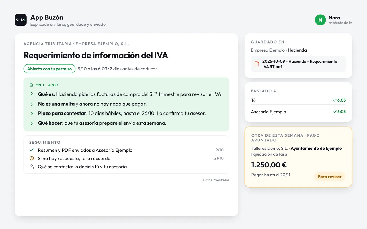 Ficha de ejemplo de un requerimiento de la Agencia Tributaria: resumen en cuatro líneas, plazo para contestar, carpeta donde se ha guardado y aviso enviado a la asesoría.