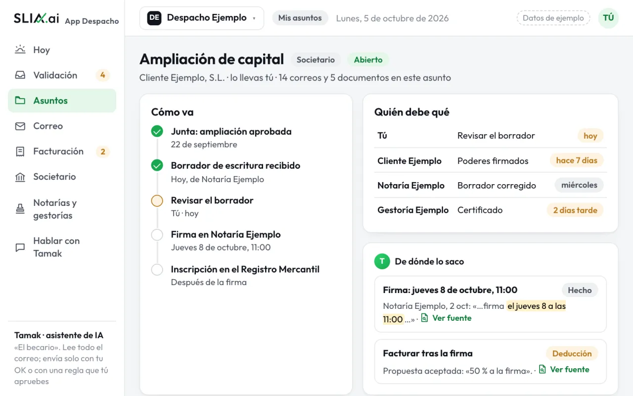 Asunto de ejemplo, ampliación de capital de Cliente Ejemplo, S.L.: hitos, quién debe qué y un plazo con el correo de origen.