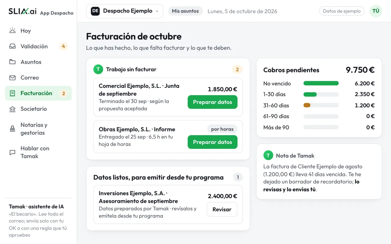 Facturación de ejemplo: dos trabajos sin facturar, los datos de una factura listos para emitir desde tu programa y los cobros por antigüedad.