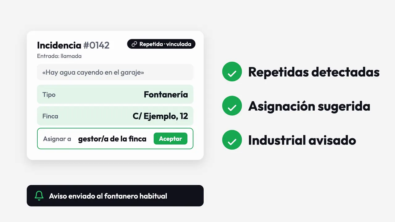 Incidencia marcada como repetida y vinculada, con asignación sugerida y aviso enviado al fontanero habitual.