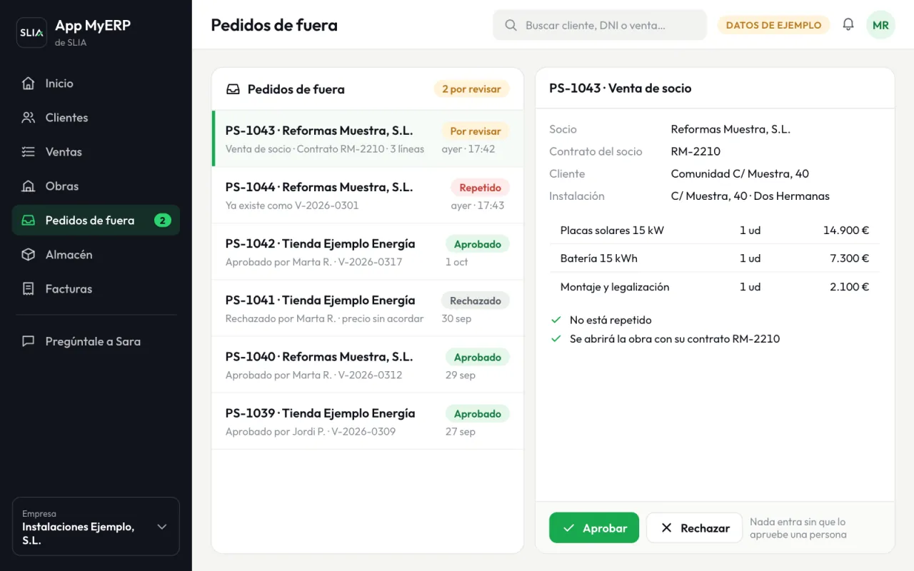 Bandeja de pedidos de fuera: un pedido de un socio por revisar, con los botones Aprobar y Rechazar, y otro marcado como repetido.