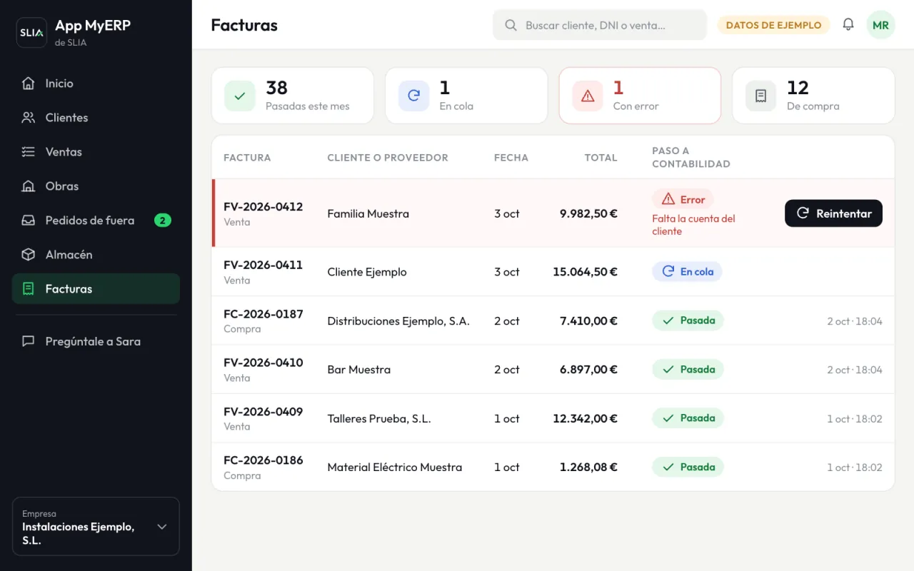 Lista de facturas con su paso a contabilidad: cuatro pasadas, una en cola y una con error porque falta la cuenta del cliente, con el botón Reintentar.