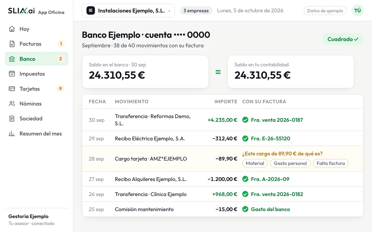 Movimientos del Banco Ejemplo casados con sus facturas; saldo igual al del extracto y dos movimientos con una pregunta para ti.