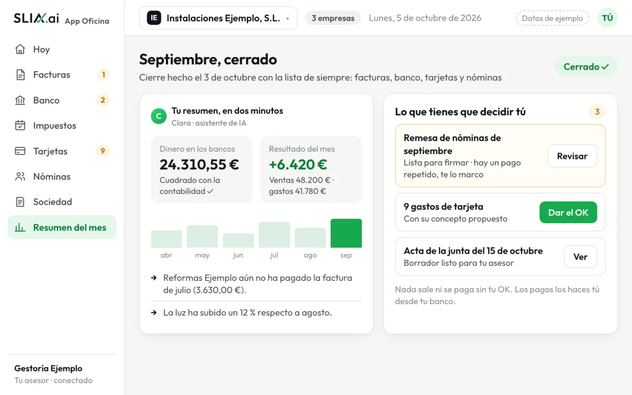 Resumen de septiembre de una empresa de ejemplo: bancos, resultado del mes y tres cosas pendientes de tu OK.